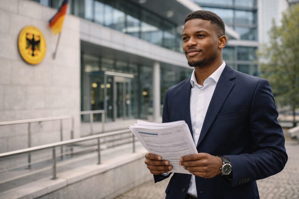 Nigerian student holding documents outside German consulate Lagos for student visa DAAD scholarship