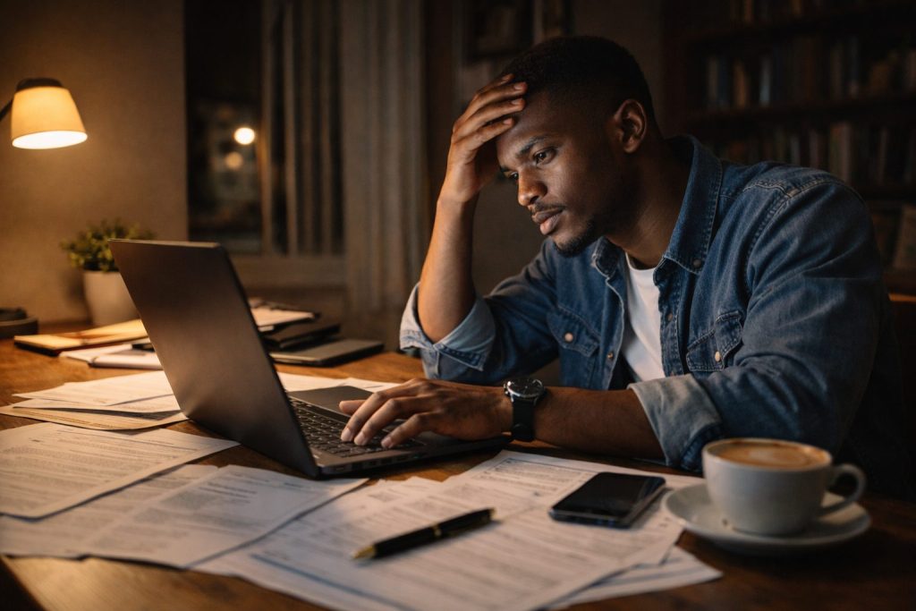 Nigerian student working late night on DAAD scholarship application Germany