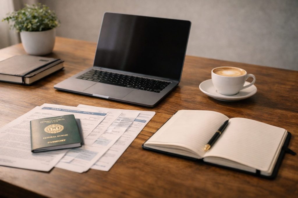 Organised workspace with passport and DAAD scholarship Nigeria application documents