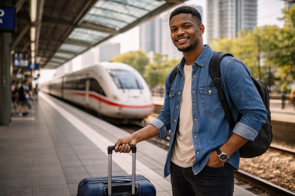Smiling Nigerian student arriving in Germany at train station after DAAD scholarship success