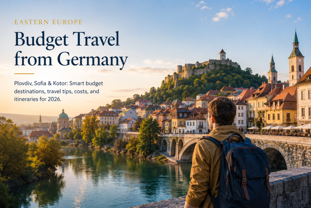 Eastern Europe budget travel from Germany guide cover featuring Plovdiv, Sofia and Kotor