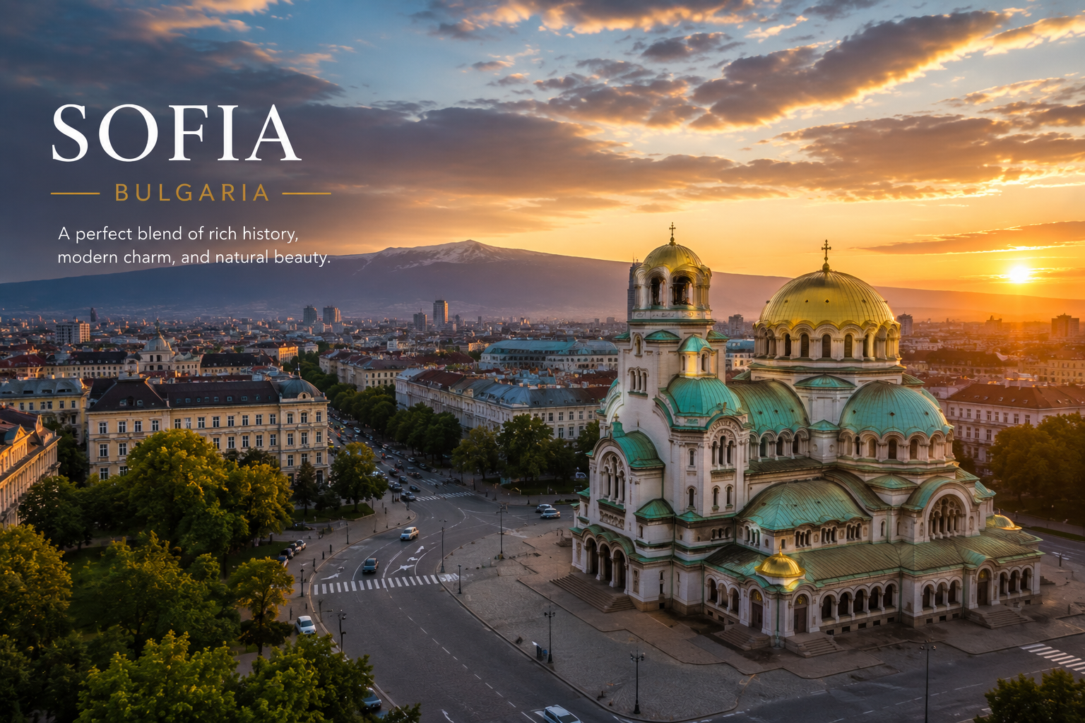 Sofia Bulgaria skyline at sunset with Alexander Nevsky cathedral and Vitosha mountain backdrop