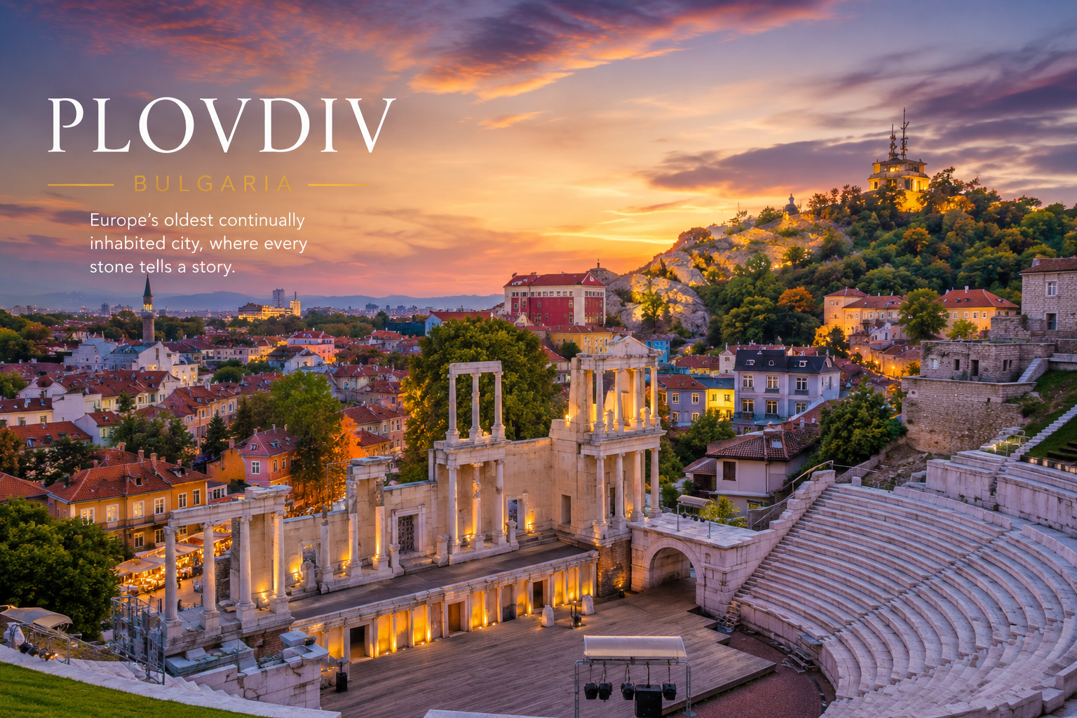 Sofia Bulgaria evening cityscape with traffic lights and historic landmarks