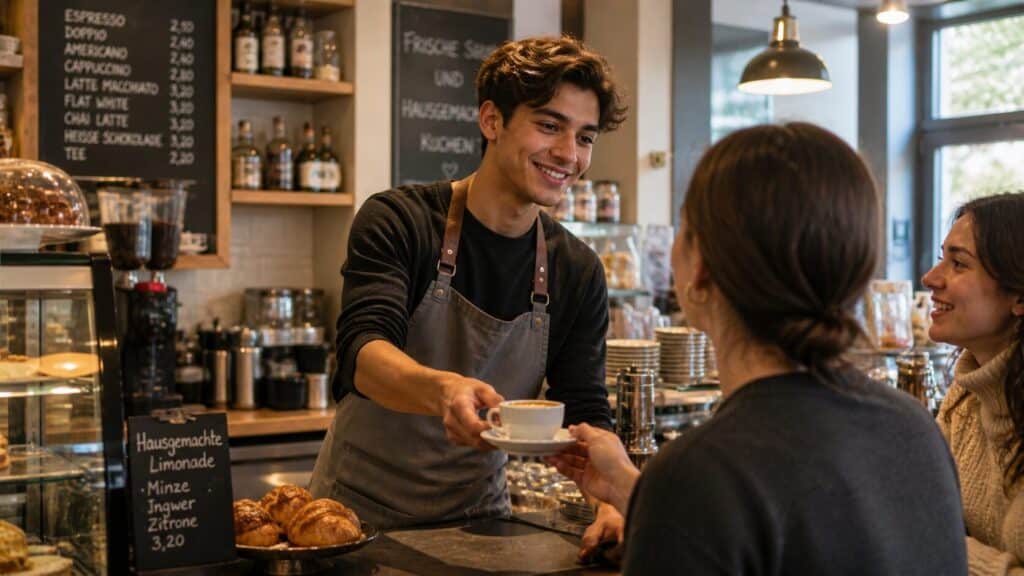 International student working part-time in a café in Germany serving coffee to customers