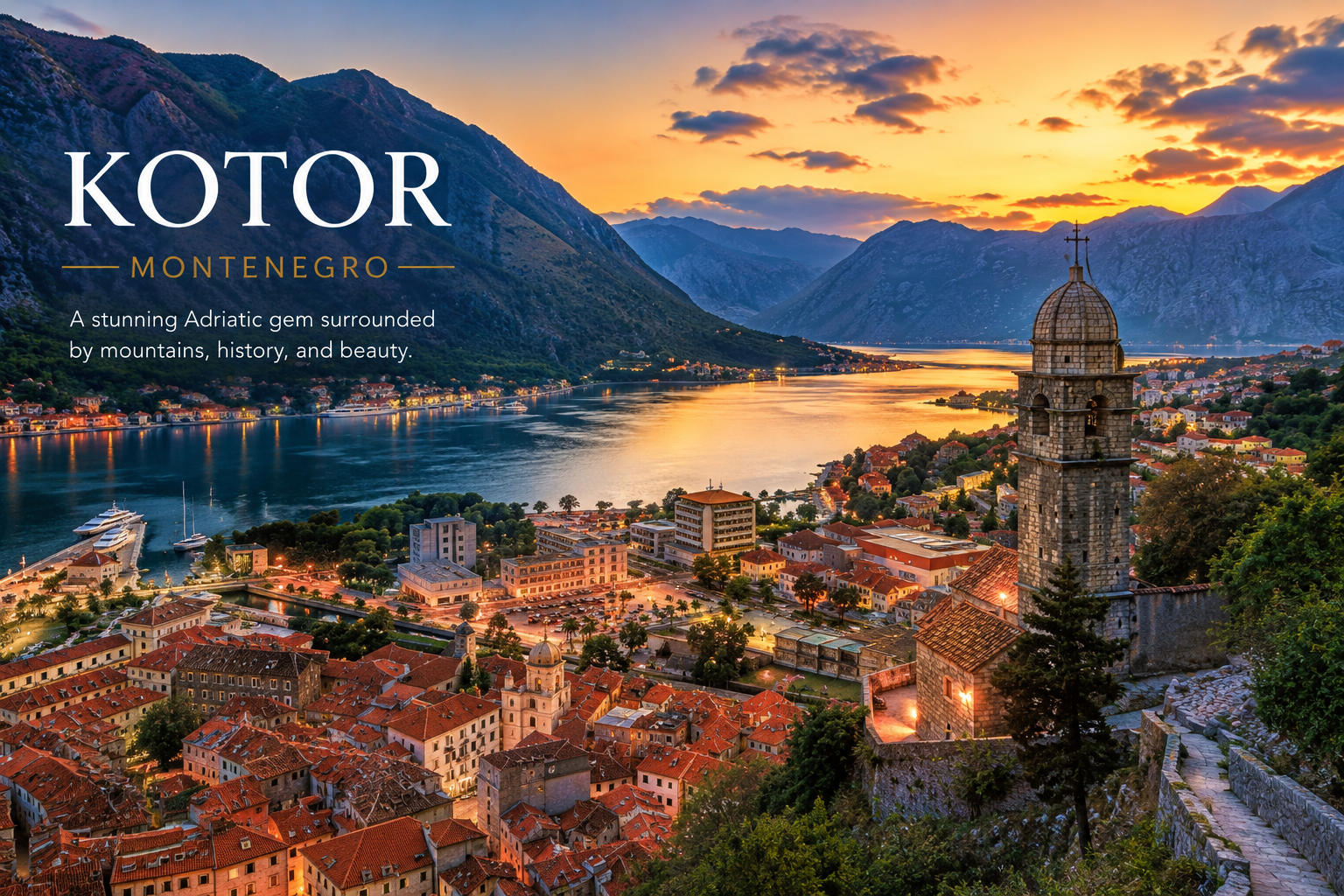 Kotor Montenegro Bay at sunset with old town and Adriatic fjord view