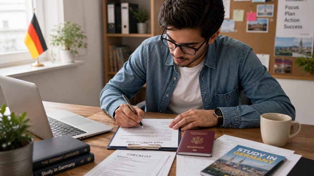 Student filling out Germany student visa application form with passport and documents on desk