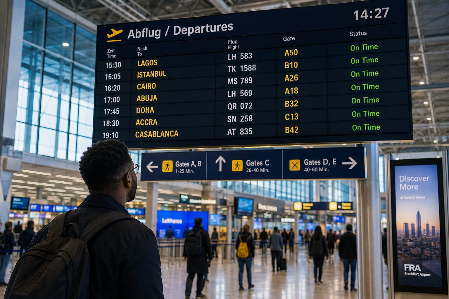 Airport departures board showing Lagos and Istanbul flight schedules