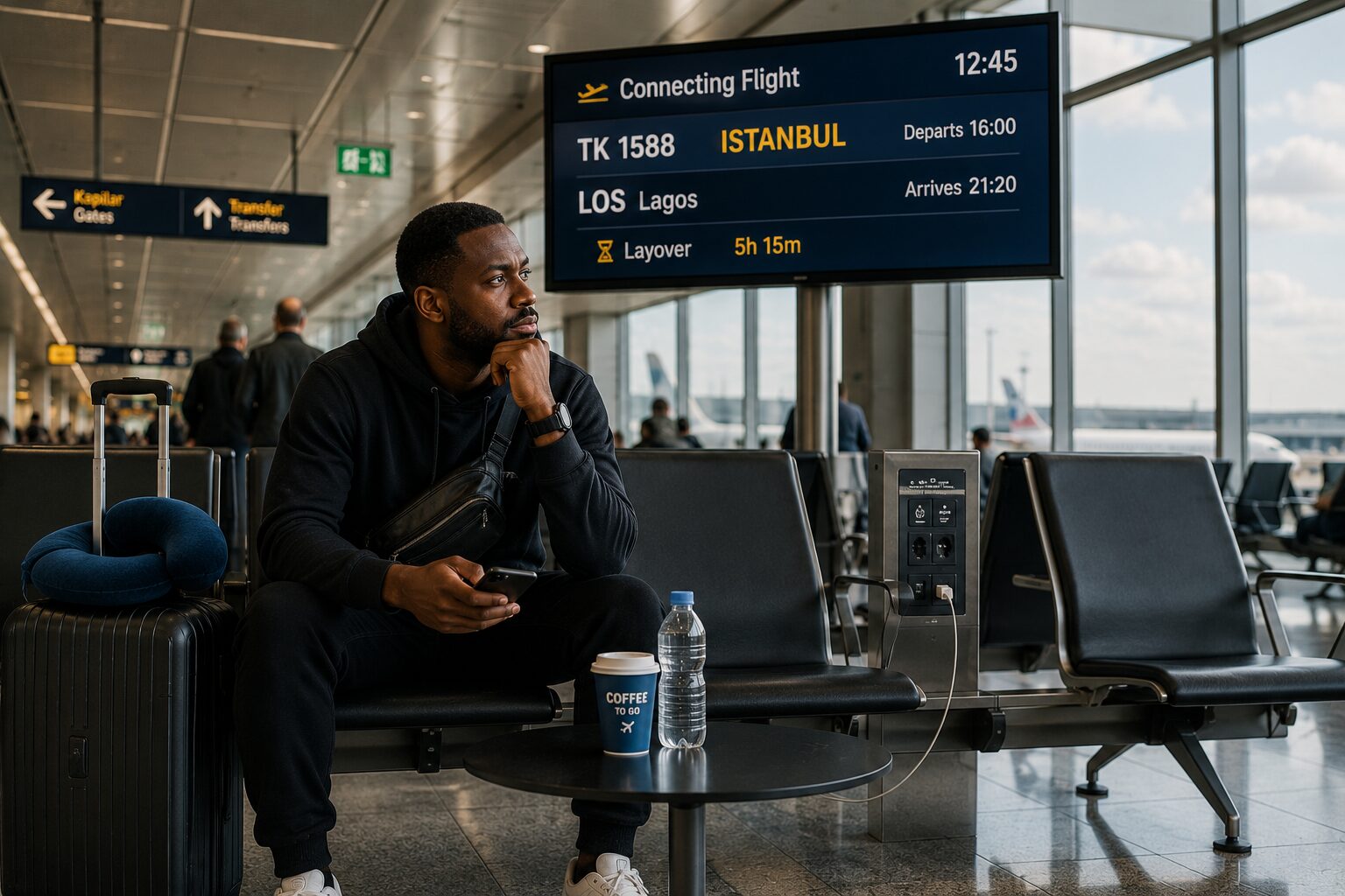 Budget traveler waiting in transit during a layover between Germany and Nigeria