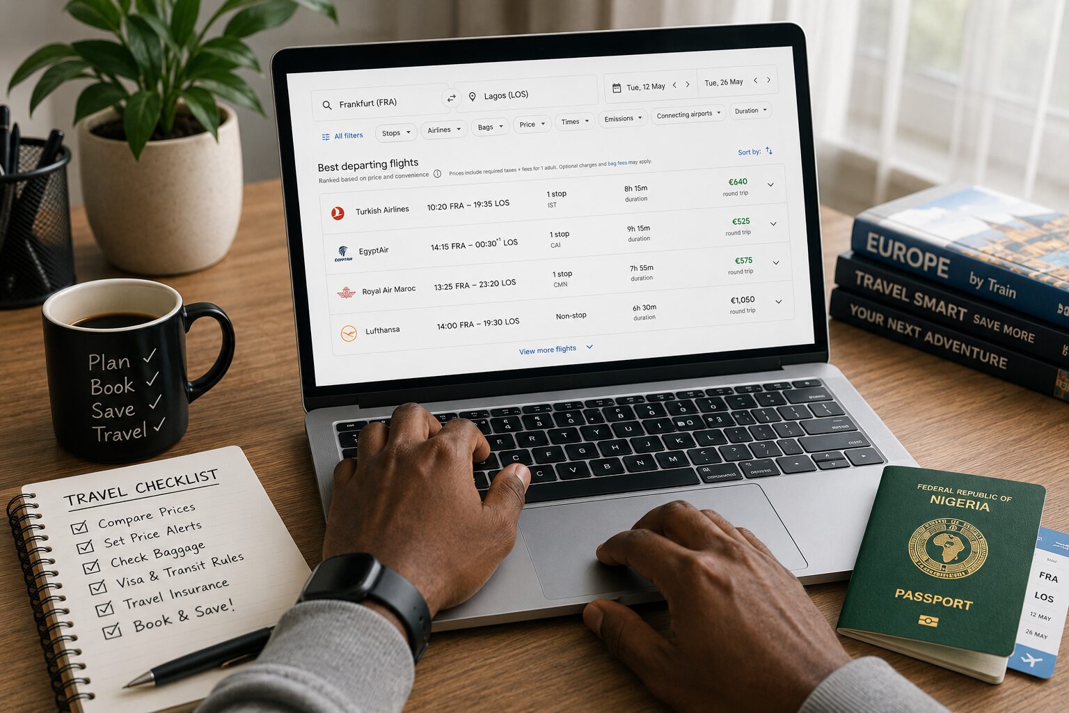Booking a cheap flight from Germany to Nigeria on a laptop