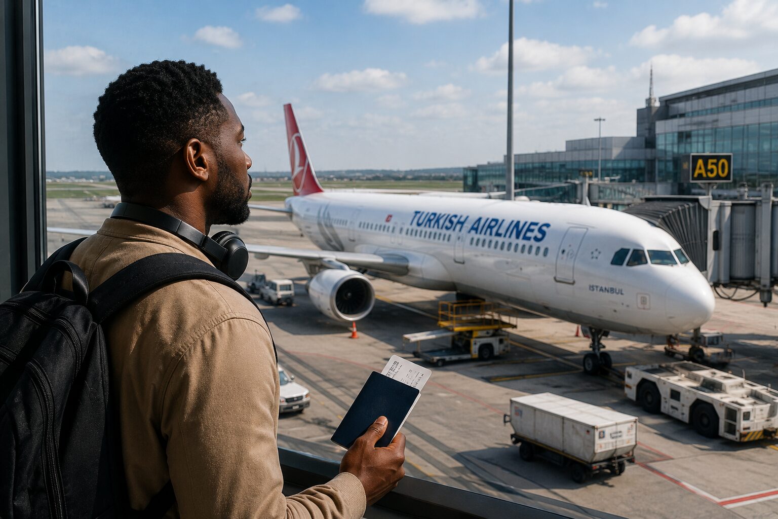 Traveler waiting at airport gate before flying from Germany to Nigeria
