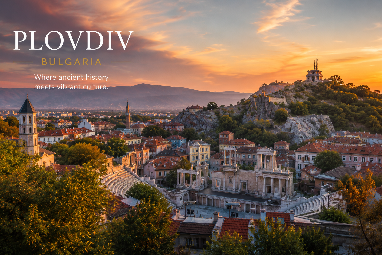 Plovdiv Bulgaria sunset view of the Roman amphitheater and old town from Nebet Tepe