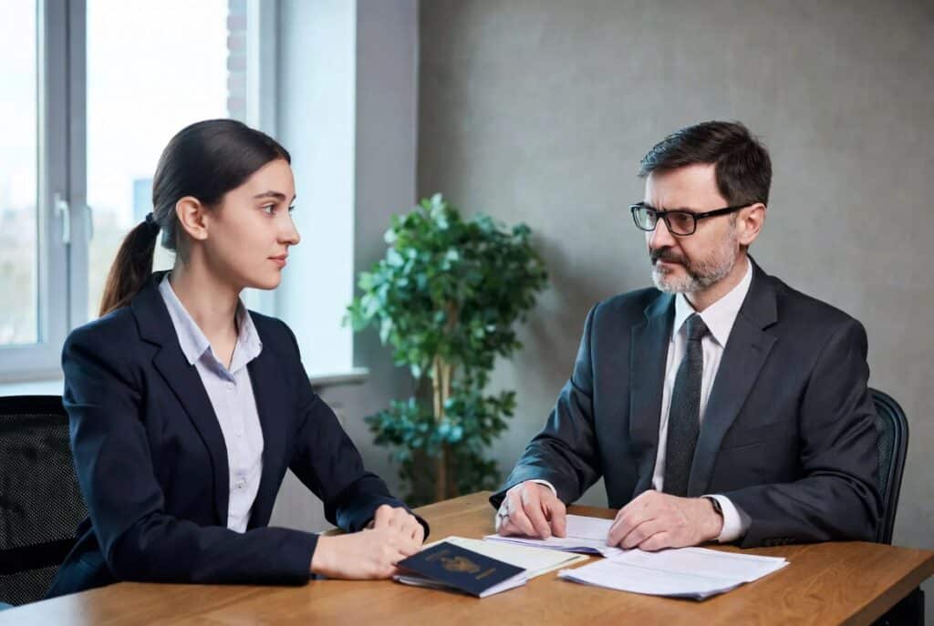 International student attending a German embassy visa interview with documents on table