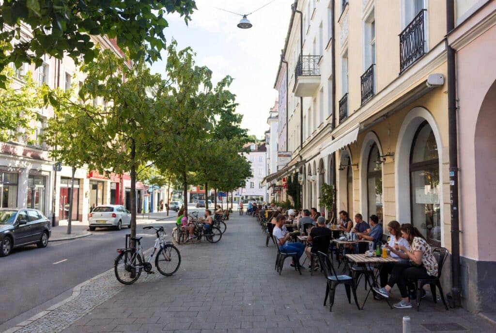 Street view of Munich with cafes and daily life, illustrating cost of living for students in Germany