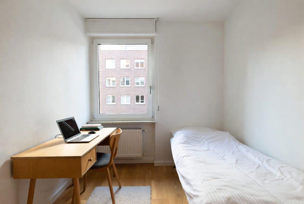 Simple student apartment room in Frankfurt showing typical student accommodation in Germany