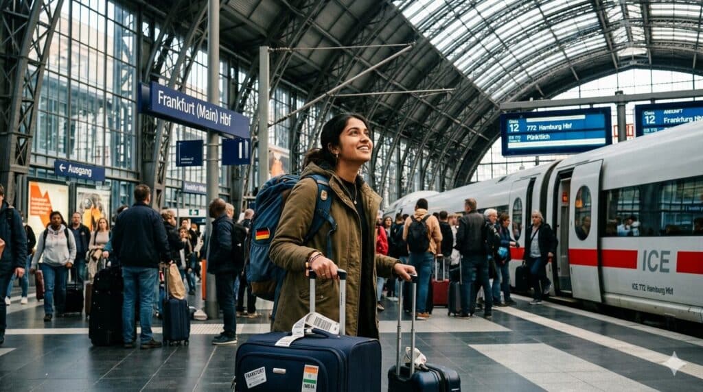 International student arriving in Germany with luggage at a train station, starting study journey