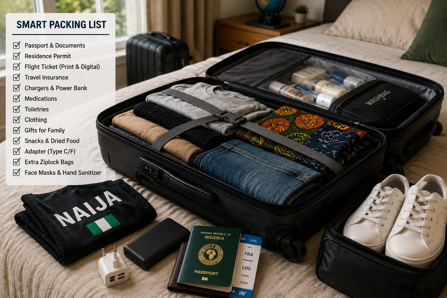 Packed luggage ready for a budget trip from Germany to Nigeria