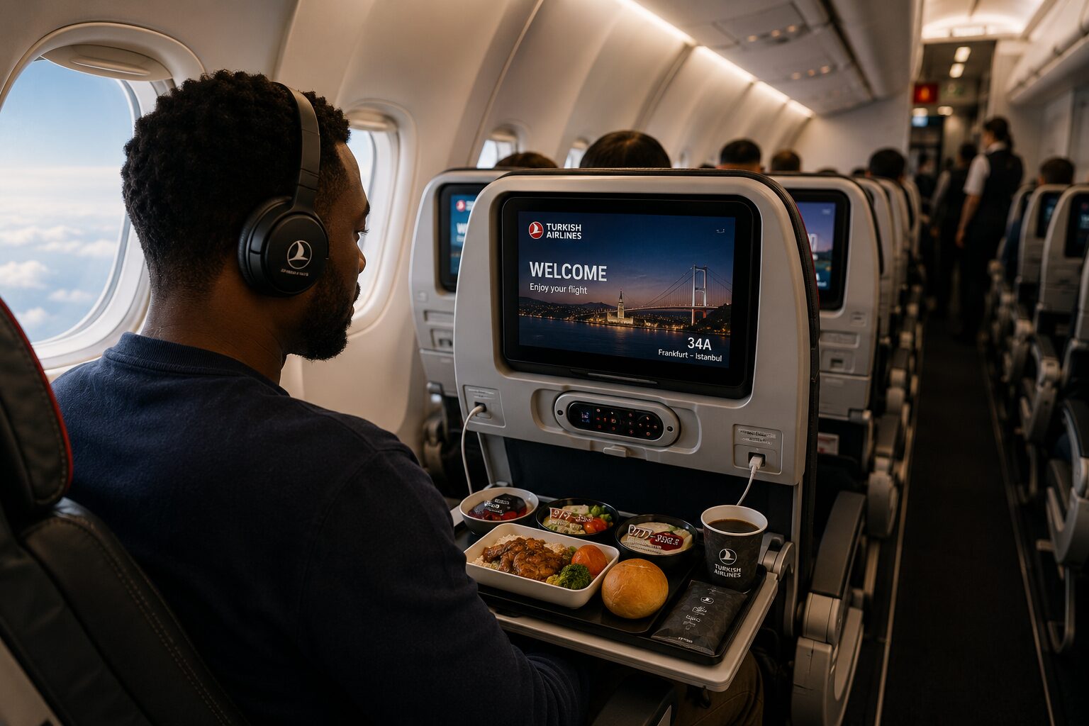 Economy cabin on Turkish Airlines, one of the cheapest airlines for Germany to Nigeria flights