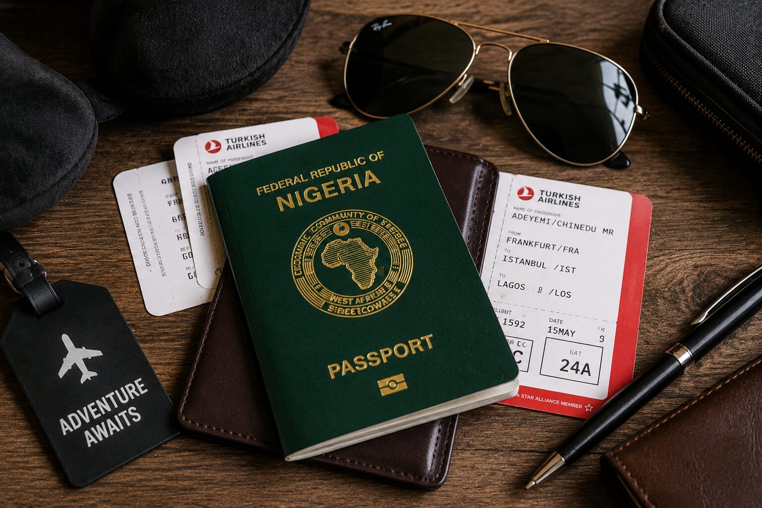 Passport and travel documents flat lay for a Germany to Nigeria trip